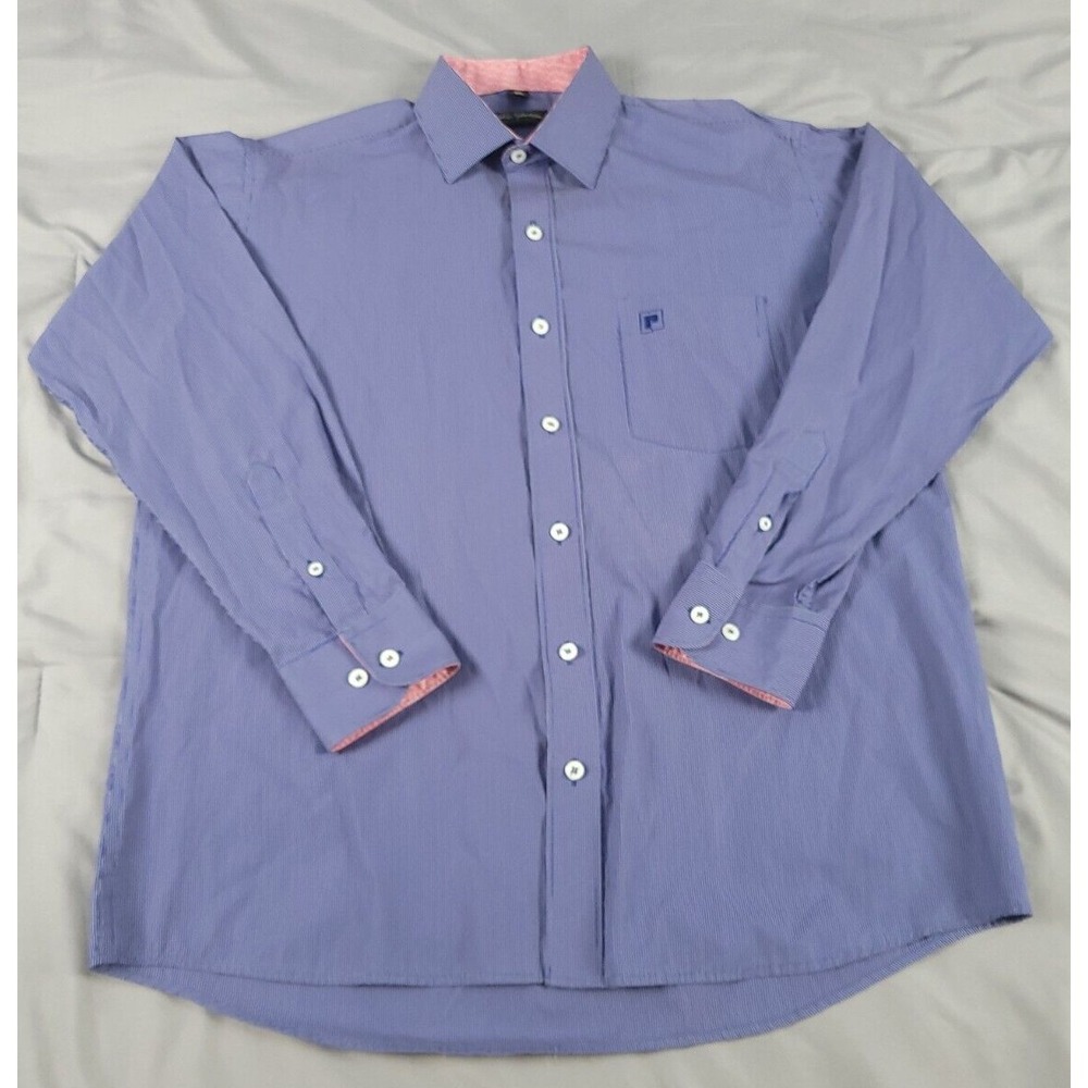 Paco Rabanne Platine Mens 16-40 Blue Striped Pocket Button Up Shirt Model 3632
